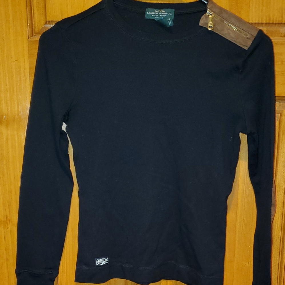 RALPH LAUREN JEANS CO. black gold zipper shoulder suede patch long sleeve shirt
